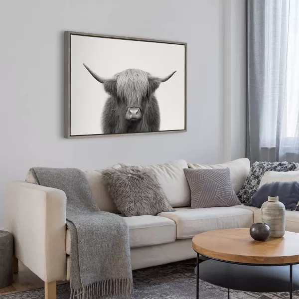 Kate and Laurel Sylvie Hey Dude Highland Cow Framed Canvas Wall Art by The Creative Bunch Studio 18x40 Natural Farmhouse Rustic Panel Art for WallGrey