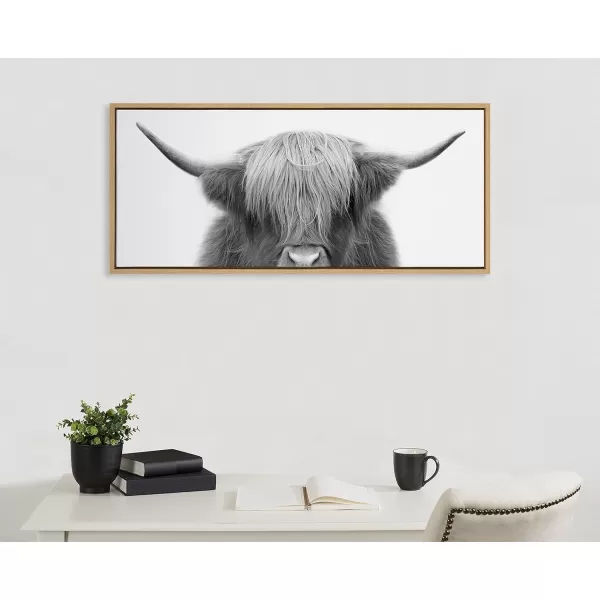 Kate and Laurel Sylvie Hey Dude Highland Cow Framed Canvas Wall Art by The Creative Bunch Studio 18x40 Natural Farmhouse Rustic Panel Art for WallNatural