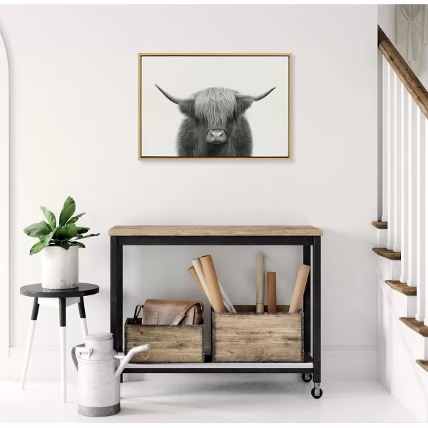 Kate and Laurel Sylvie Hey Dude Highland Cow Framed Canvas Wall Art by The Creative Bunch Studio 18x40 Natural Farmhouse Rustic Panel Art for WallNatural