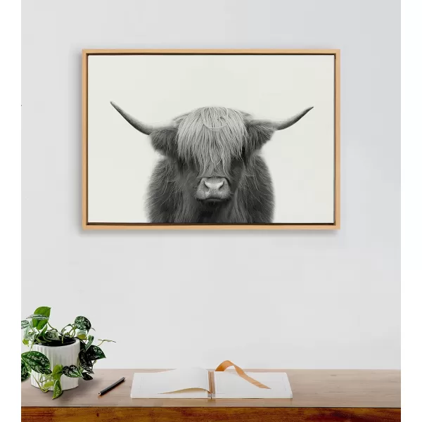 Kate and Laurel Sylvie Hey Dude Highland Cow Framed Canvas Wall Art by The Creative Bunch Studio 18x40 Natural Farmhouse Rustic Panel Art for WallNatural