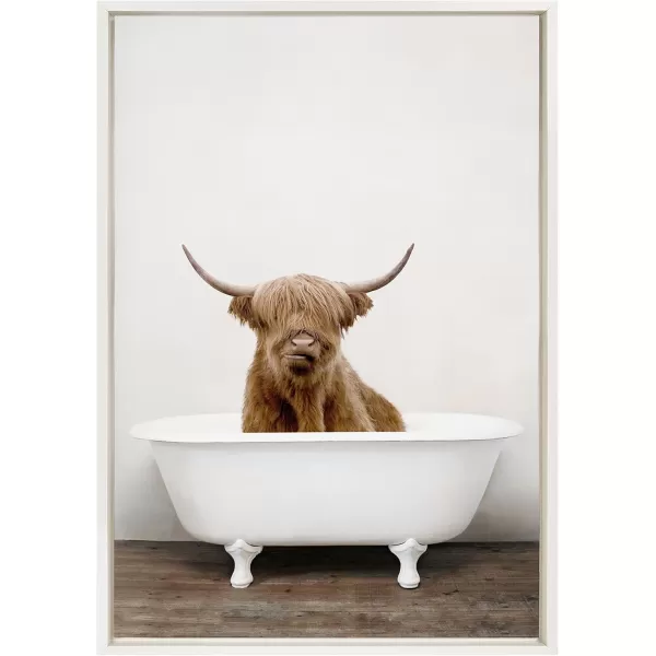 Kate and Laurel Sylvie Highland Cow in Tub Color Framed Canvas Wall Art by Amy Peterson Art Studio 23 x 33 Natural Rustic Farmhouse Bathroom Laundry Room ArtWhite