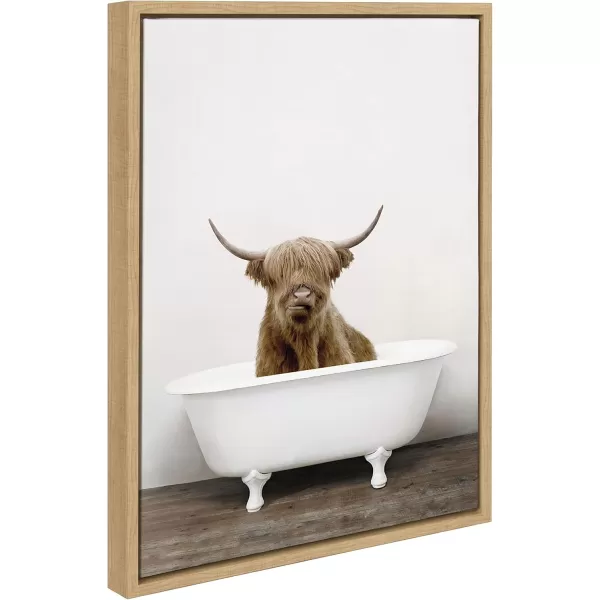 Kate and Laurel Sylvie Highland Cow in Tub Color Framed Canvas Wall Art by Amy Peterson Art Studio 23 x 33 Natural Rustic Farmhouse Bathroom Laundry Room ArtNatural