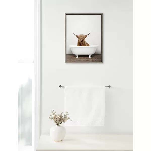 Kate and Laurel Sylvie Highland Cow in Tub Color Framed Canvas Wall Art by Amy Peterson Art Studio 23 x 33 Natural Rustic Farmhouse Bathroom Laundry Room ArtGray