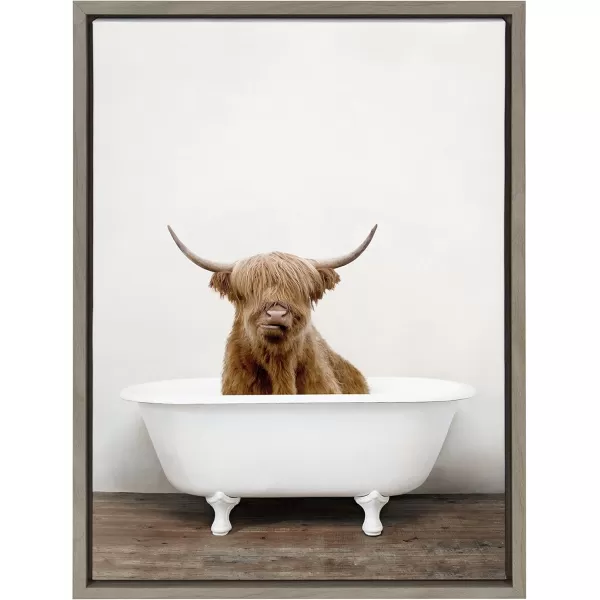 Kate and Laurel Sylvie Highland Cow in Tub Color Framed Canvas Wall Art by Amy Peterson Art Studio 23 x 33 Natural Rustic Farmhouse Bathroom Laundry Room ArtGray