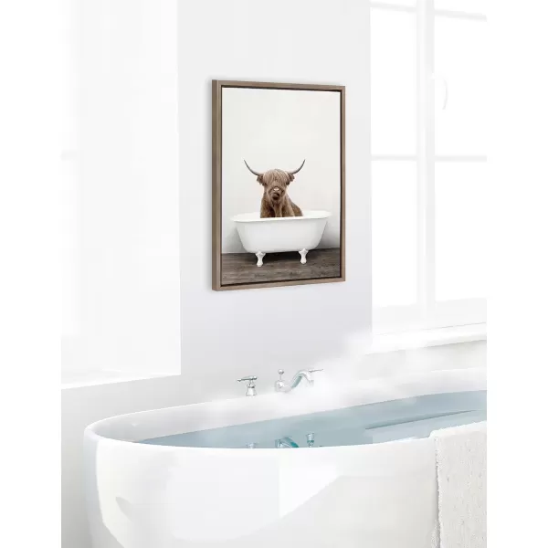 Kate and Laurel Sylvie Highland Cow in Tub Color Framed Canvas Wall Art by Amy Peterson Art Studio 23 x 33 Natural Rustic Farmhouse Bathroom Laundry Room ArtGold