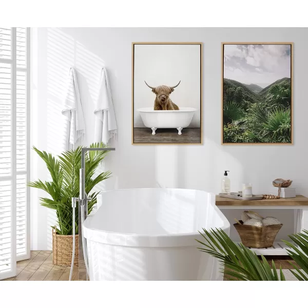 Kate and Laurel Sylvie Highland Cow in Tub Color Framed Canvas Wall Art by Amy Peterson Art Studio 23 x 33 Natural Rustic Farmhouse Bathroom Laundry Room ArtNatural