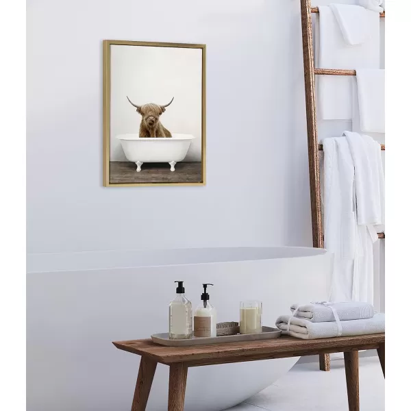 Kate and Laurel Sylvie Highland Cow in Tub Color Framed Canvas Wall Art by Amy Peterson Art Studio 23 x 33 Natural Rustic Farmhouse Bathroom Laundry Room ArtBright Gold