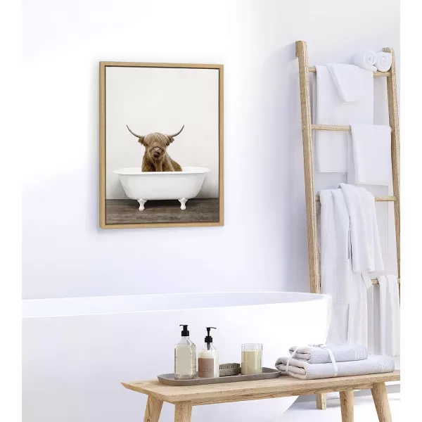 Kate and Laurel Sylvie Highland Cow in Tub Color Framed Canvas Wall Art by Amy Peterson Art Studio 23 x 33 Natural Rustic Farmhouse Bathroom Laundry Room ArtNatural