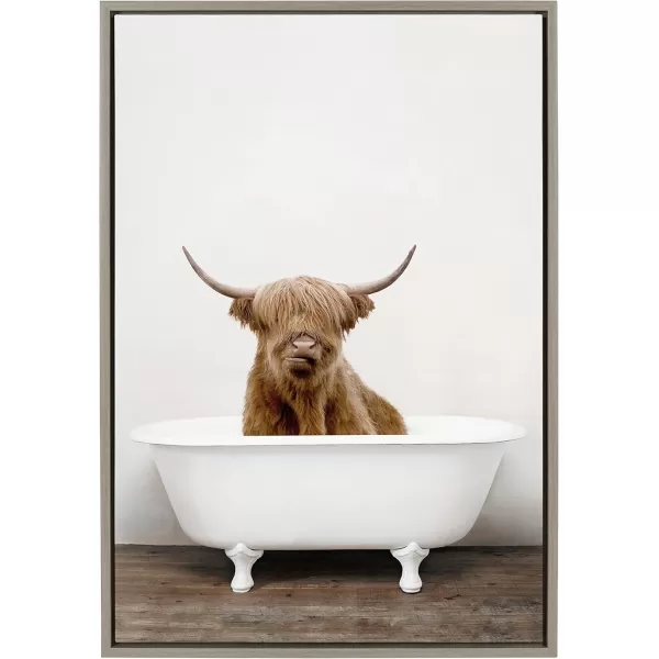 Kate and Laurel Sylvie Highland Cow in Tub Color Framed Canvas Wall Art by Amy Peterson Art Studio 23 x 33 Natural Rustic Farmhouse Bathroom Laundry Room ArtGray