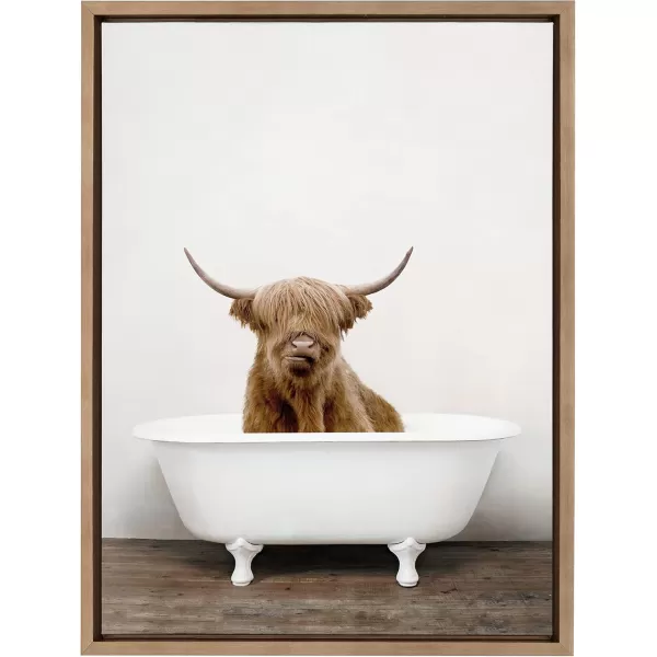 Kate and Laurel Sylvie Highland Cow in Tub Color Framed Canvas Wall Art by Amy Peterson Art Studio 23 x 33 Natural Rustic Farmhouse Bathroom Laundry Room ArtGold