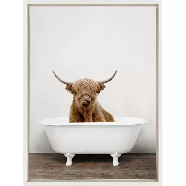 Kate and Laurel Sylvie Highland Cow in Tub Color Framed Canvas Wall Art by Amy Peterson Art Studio 23 x 33 Natural Rustic Farmhouse Bathroom Laundry Room ArtWhite