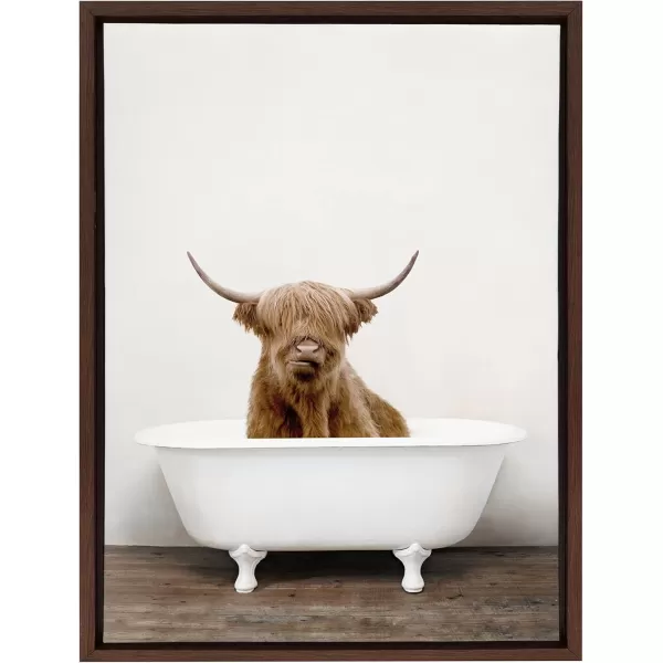 Kate and Laurel Sylvie Highland Cow in Tub Color Framed Canvas Wall Art by Amy Peterson Art Studio 23 x 33 Natural Rustic Farmhouse Bathroom Laundry Room ArtWalnut
