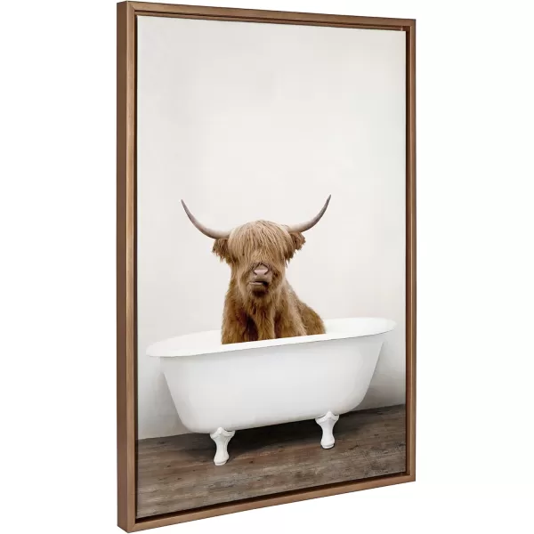 Kate and Laurel Sylvie Highland Cow in Tub Color Framed Canvas Wall Art by Amy Peterson Art Studio 23 x 33 Natural Rustic Farmhouse Bathroom Laundry Room ArtGold