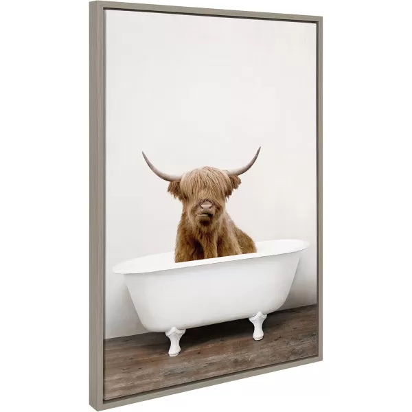 Kate and Laurel Sylvie Highland Cow in Tub Color Framed Canvas Wall Art by Amy Peterson Art Studio 23 x 33 Natural Rustic Farmhouse Bathroom Laundry Room ArtGray