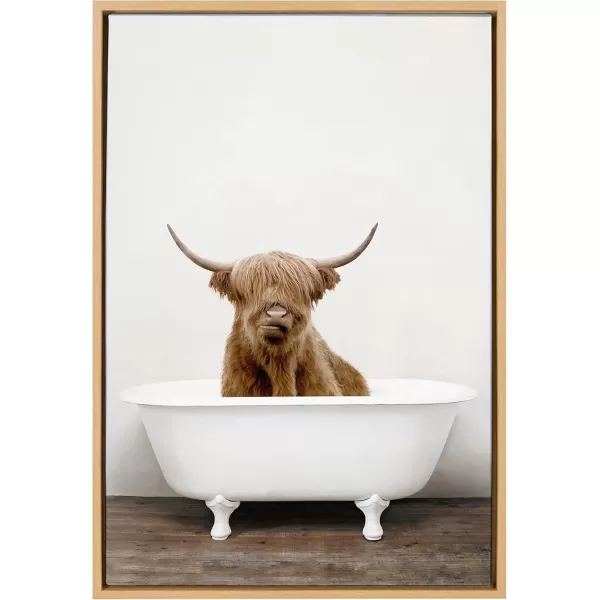 Kate and Laurel Sylvie Highland Cow in Tub Color Framed Canvas Wall Art by Amy Peterson Art Studio 23 x 33 Natural Rustic Farmhouse Bathroom Laundry Room ArtNatural