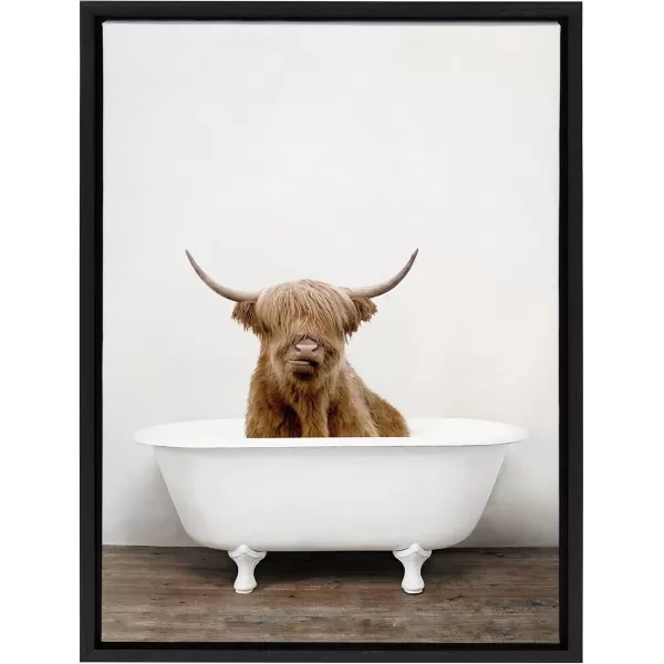 Kate and Laurel Sylvie Highland Cow in Tub Color Framed Canvas Wall Art by Amy Peterson Art Studio 23 x 33 Natural Rustic Farmhouse Bathroom Laundry Room ArtBlack