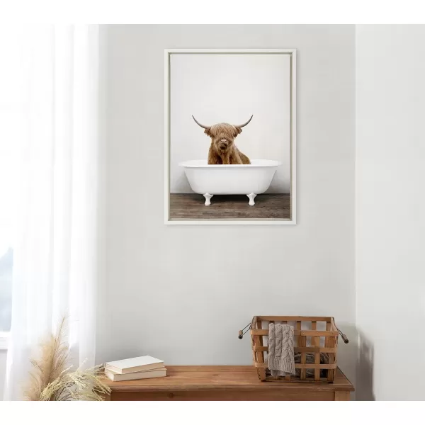 Kate and Laurel Sylvie Highland Cow in Tub Color Framed Canvas Wall Art by Amy Peterson Art Studio 23 x 33 Natural Rustic Farmhouse Bathroom Laundry Room ArtWhite