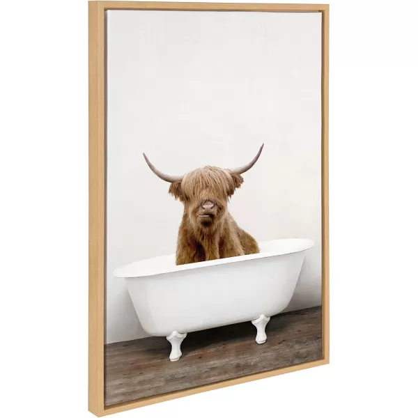 Kate and Laurel Sylvie Highland Cow in Tub Color Framed Canvas Wall Art by Amy Peterson Art Studio 23 x 33 Natural Rustic Farmhouse Bathroom Laundry Room ArtNatural