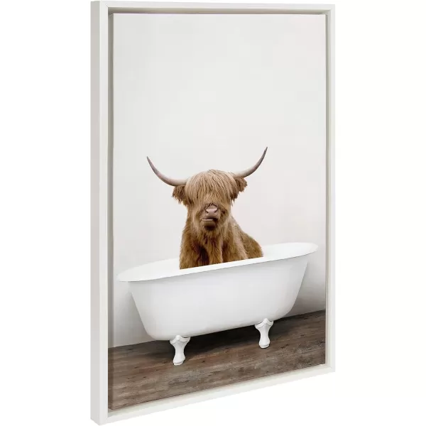 Kate and Laurel Sylvie Highland Cow in Tub Color Framed Canvas Wall Art by Amy Peterson Art Studio 23 x 33 Natural Rustic Farmhouse Bathroom Laundry Room ArtWhite