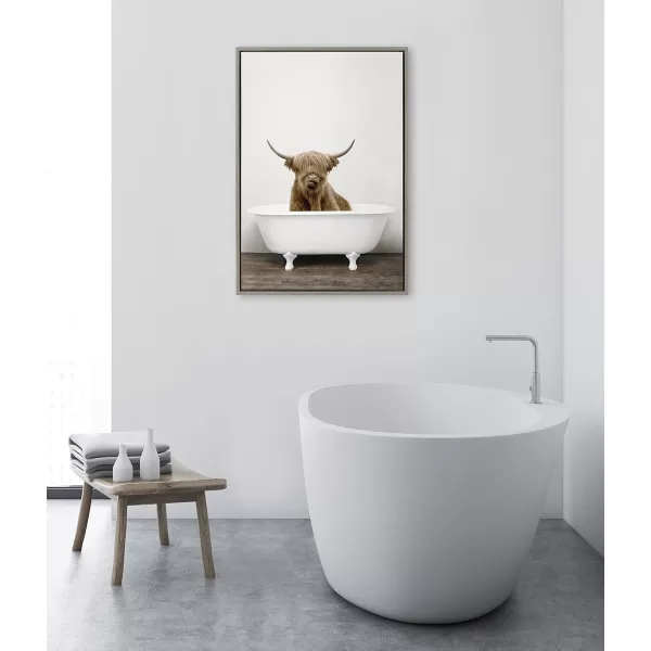 Kate and Laurel Sylvie Highland Cow in Tub Color Framed Canvas Wall Art by Amy Peterson Art Studio 23 x 33 Natural Rustic Farmhouse Bathroom Laundry Room ArtGray