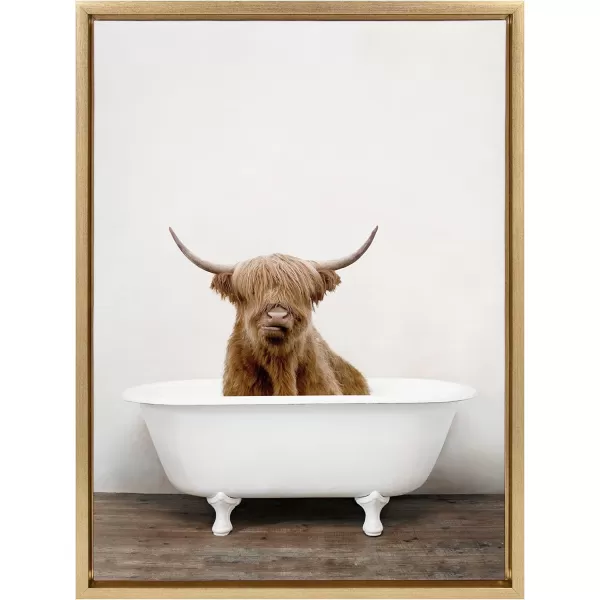 Kate and Laurel Sylvie Highland Cow in Tub Color Framed Canvas Wall Art by Amy Peterson Art Studio 23 x 33 Natural Rustic Farmhouse Bathroom Laundry Room ArtBright Gold