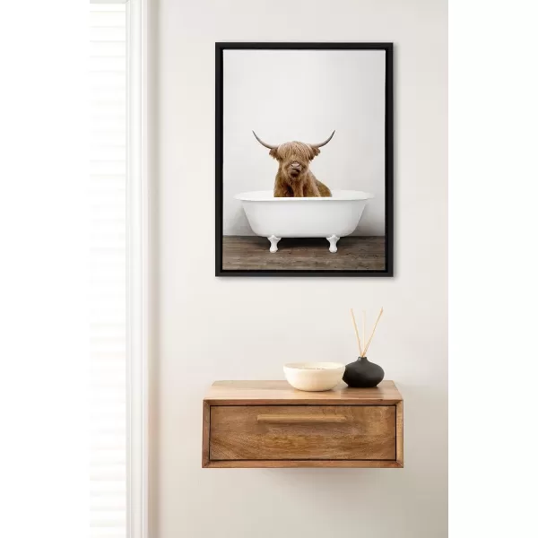 Kate and Laurel Sylvie Highland Cow in Tub Color Framed Canvas Wall Art by Amy Peterson Art Studio 23 x 33 Natural Rustic Farmhouse Bathroom Laundry Room ArtBlack