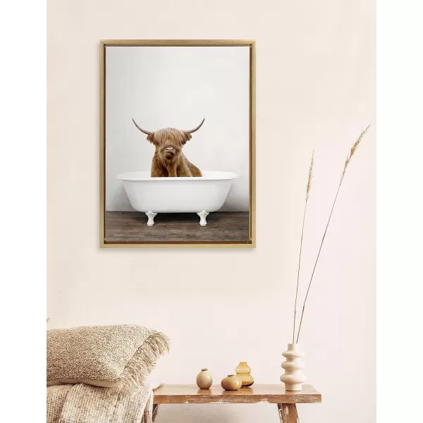 Kate and Laurel Sylvie Highland Cow in Tub Color Framed Canvas Wall Art by Amy Peterson Art Studio 23 x 33 Natural Rustic Farmhouse Bathroom Laundry Room ArtBright Gold