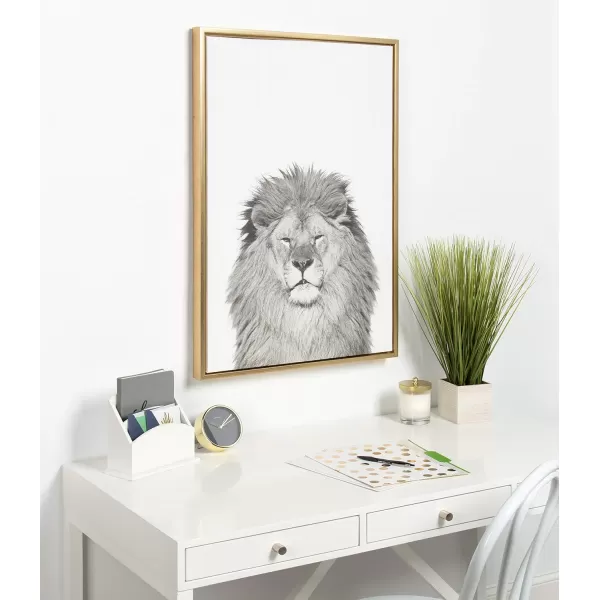 Kate and Laurel Sylvie Lion Animal Print Black and White Portrait Framed Canvas Wall Art by Simon Te Tai 18x24 GrayGold