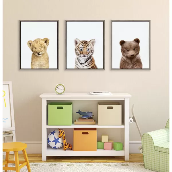 Kate and Laurel Sylvie Lions and Tigers and Bears Framed Canvas Wall Art by Amy Peterson Set of 3 18x24 Gray Cute Baby Animal Art for Nursery and Other DecorGrey