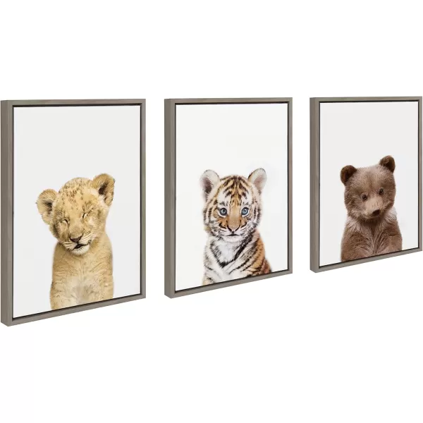 Kate and Laurel Sylvie Lions and Tigers and Bears Framed Canvas Wall Art by Amy Peterson Set of 3 18x24 Gray Cute Baby Animal Art for Nursery and Other DecorGrey