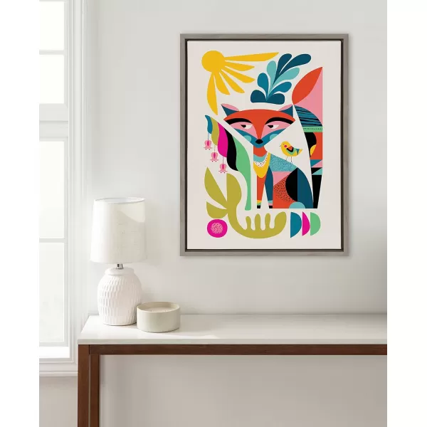 Kate and Laurel Sylvie Mid Century Modern Fox Framed Canvas Wall Art by Rachel Lee of My Dream Wall 23x33 Natural Colorful Abstract Animal Nursery Art for WallGray