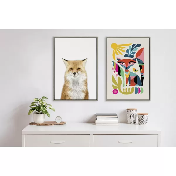 Kate and Laurel Sylvie Mid Century Modern Fox Framed Canvas Wall Art by Rachel Lee of My Dream Wall 23x33 Natural Colorful Abstract Animal Nursery Art for WallGray