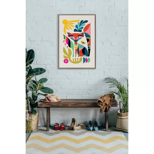 Kate and Laurel Sylvie Mid Century Modern Fox Framed Canvas Wall Art by Rachel Lee of My Dream Wall 23x33 Natural Colorful Abstract Animal Nursery Art for WallGray