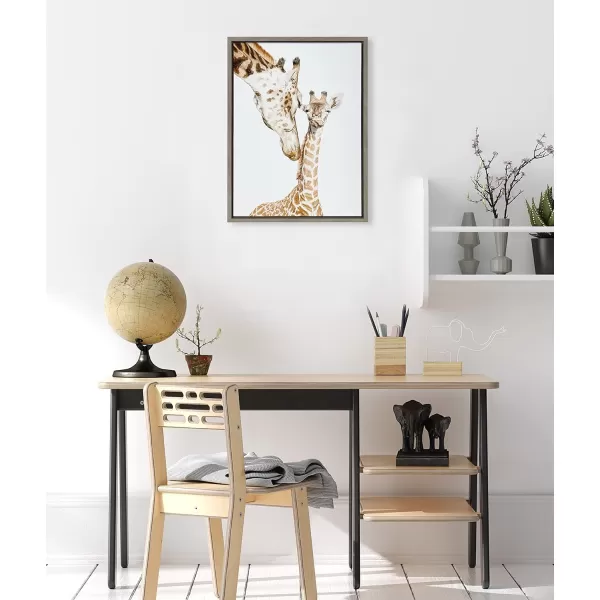 Kate and Laurel Sylvie Mother and Baby Giraffe Portrait Framed Canvas Wall Art by Amy Peterson Art Studio 18x24 Natural Modern Cute Animal Portrait for WallGray