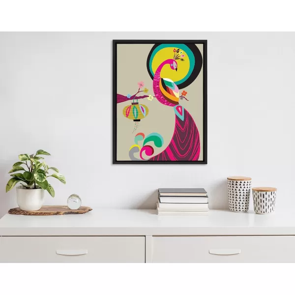 Kate and Laurel Sylvie Peacock Framed Canvas Wall Art by Rachel Lee of My Dream Wall 18x24 Black MidCentury Colorful Bird Portrait Art for Wall