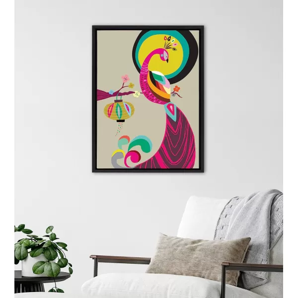 Kate and Laurel Sylvie Peacock Framed Canvas Wall Art by Rachel Lee of My Dream Wall 18x24 Black MidCentury Colorful Bird Portrait Art for Wall