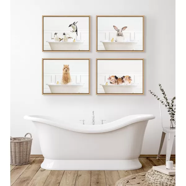 Kate and Laurel Sylvie Penguins In Bubble Bath Neutral Style Framed Canvas Wall Art by Amy Peterson Art Studio 18x24 White Adorable Animal Art for Wall Bathroom Wall DcorNatural