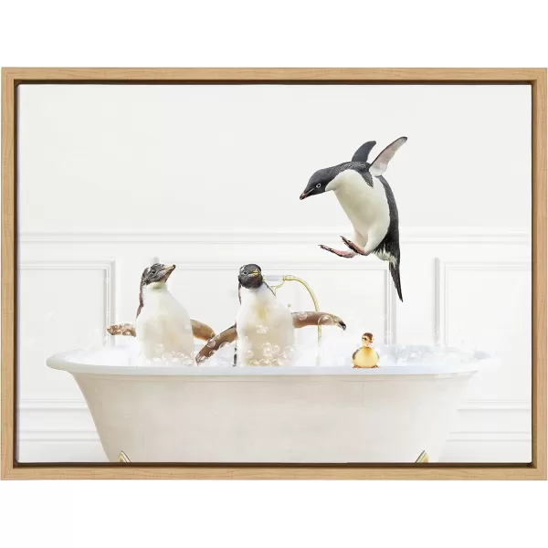 Kate and Laurel Sylvie Penguins In Bubble Bath Neutral Style Framed Canvas Wall Art by Amy Peterson Art Studio 18x24 White Adorable Animal Art for Wall Bathroom Wall DcorNatural