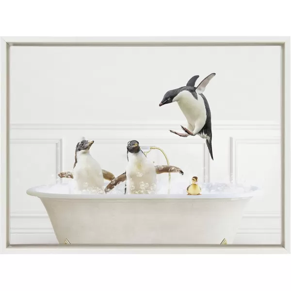 Kate and Laurel Sylvie Penguins In Bubble Bath Neutral Style Framed Canvas Wall Art by Amy Peterson Art Studio 18x24 White Adorable Animal Art for Wall Bathroom Wall DcorWhite