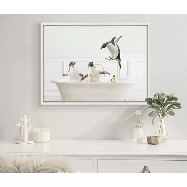 Kate and Laurel Sylvie Penguins In Bubble Bath Neutral Style Framed Canvas Wall Art by Amy Peterson Art Studio 18x24 White Adorable Animal Art for Wall Bathroom Wall DcorWhite