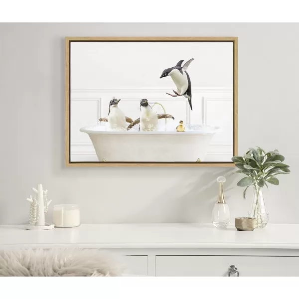 Kate and Laurel Sylvie Penguins In Bubble Bath Neutral Style Framed Canvas Wall Art by Amy Peterson Art Studio 18x24 White Adorable Animal Art for Wall Bathroom Wall DcorNatural