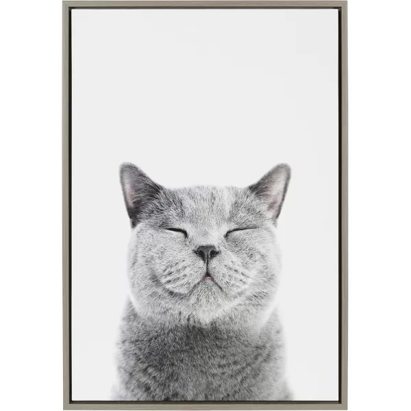 Kate and Laurel Sylvie Smiling Cat Framed Canvas Wall Art by Amy Peterson Art Studio 23x33 Gray Whimsical Fun Modern Animal Nursery Art for WallGray