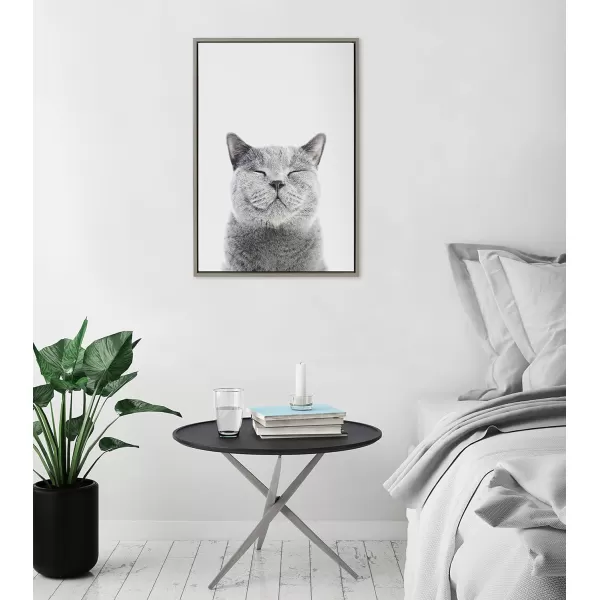 Kate and Laurel Sylvie Smiling Cat Framed Canvas Wall Art by Amy Peterson Art Studio 23x33 Gray Whimsical Fun Modern Animal Nursery Art for WallGray