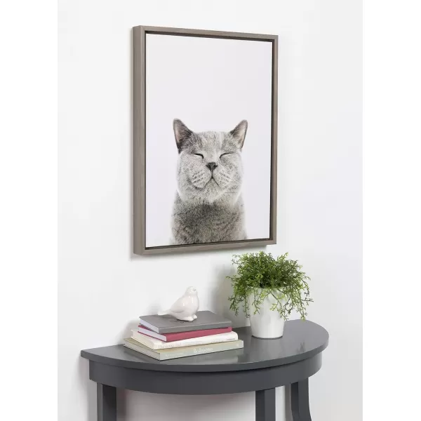 Kate and Laurel Sylvie Smiling Cat Framed Canvas Wall Art by Amy Peterson Art Studio 23x33 Gray Whimsical Fun Modern Animal Nursery Art for WallGrey