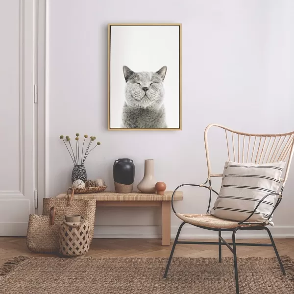 Kate and Laurel Sylvie Smiling Cat Framed Canvas Wall Art by Amy Peterson Art Studio 23x33 Gray Whimsical Fun Modern Animal Nursery Art for WallNatural