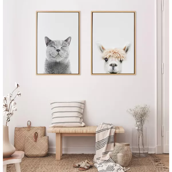 Kate and Laurel Sylvie Smiling Cat Framed Canvas Wall Art by Amy Peterson Art Studio 23x33 Gray Whimsical Fun Modern Animal Nursery Art for WallNatural