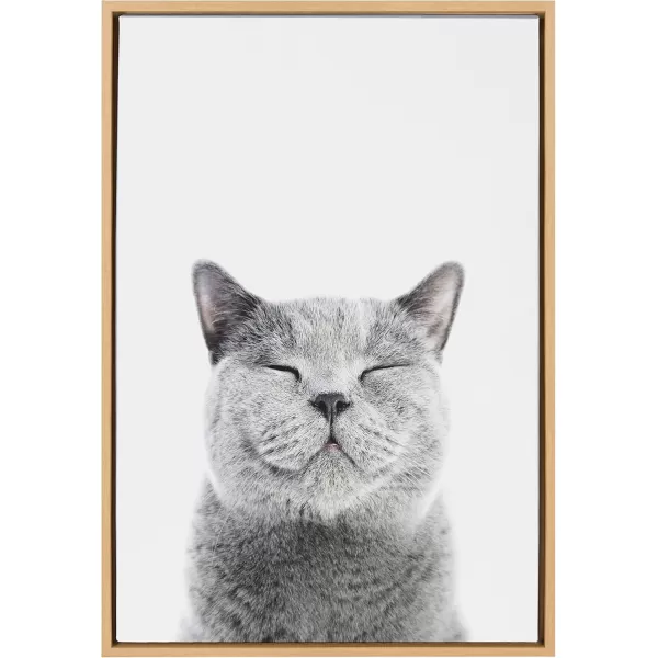 Kate and Laurel Sylvie Smiling Cat Framed Canvas Wall Art by Amy Peterson Art Studio 23x33 Gray Whimsical Fun Modern Animal Nursery Art for WallNatural