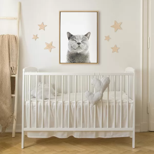 Kate and Laurel Sylvie Smiling Cat Framed Canvas Wall Art by Amy Peterson Art Studio 23x33 Gray Whimsical Fun Modern Animal Nursery Art for WallNatural