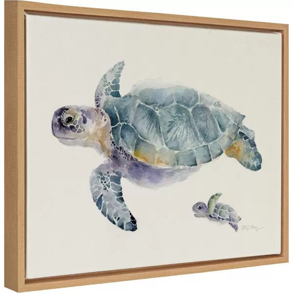 Kate and Laurel Sylvie Swim Along with Me Turtle Framed Linen Textured Canvas Wall Art by Cathy Zhang 18x24 Natural