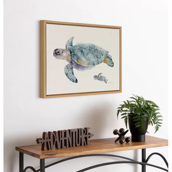 Kate and Laurel Sylvie Swim Along with Me Turtle Framed Linen Textured Canvas Wall Art by Cathy Zhang 18x24 Natural